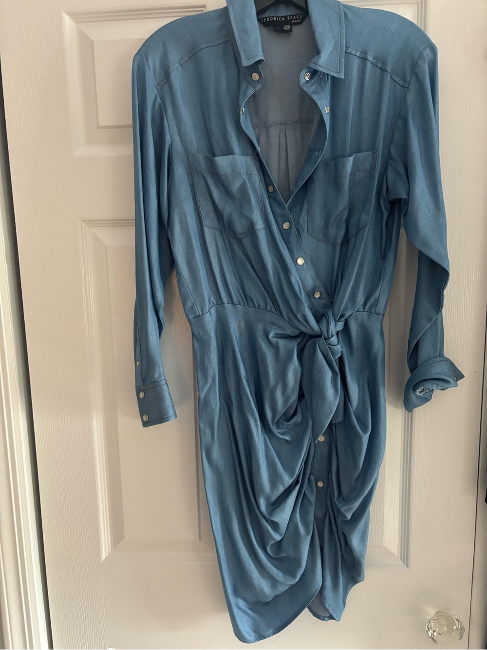 Veronica Beard Dusty Blue Tie-Front Midi Shirt Dress